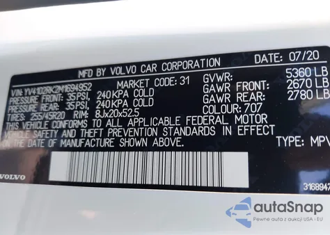 2021 Volvo Xc60 T5 Momentum z USA, uszkodzony, nr VIN YV4102RK2M1694952